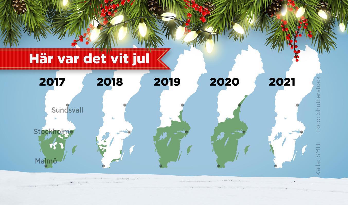 Kartorna visar var i landet det låg snö den 24 december för åren 2017–2021. Foto: Anders Humlebo