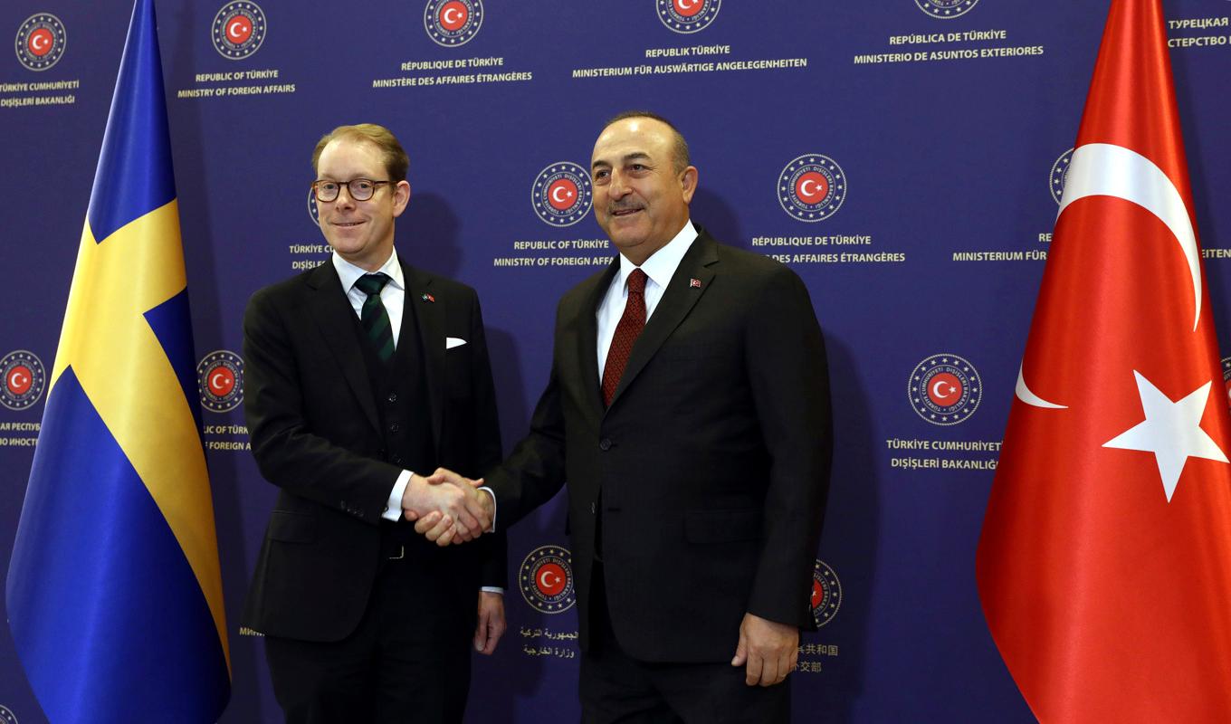 Sveriges utrikesminister Tobias Billström tillsammans med sin turkiske kollega Mevlüt Cavusoglu efter deras möte i Ankara på torsdagen. Foto: Ali Unal/AP