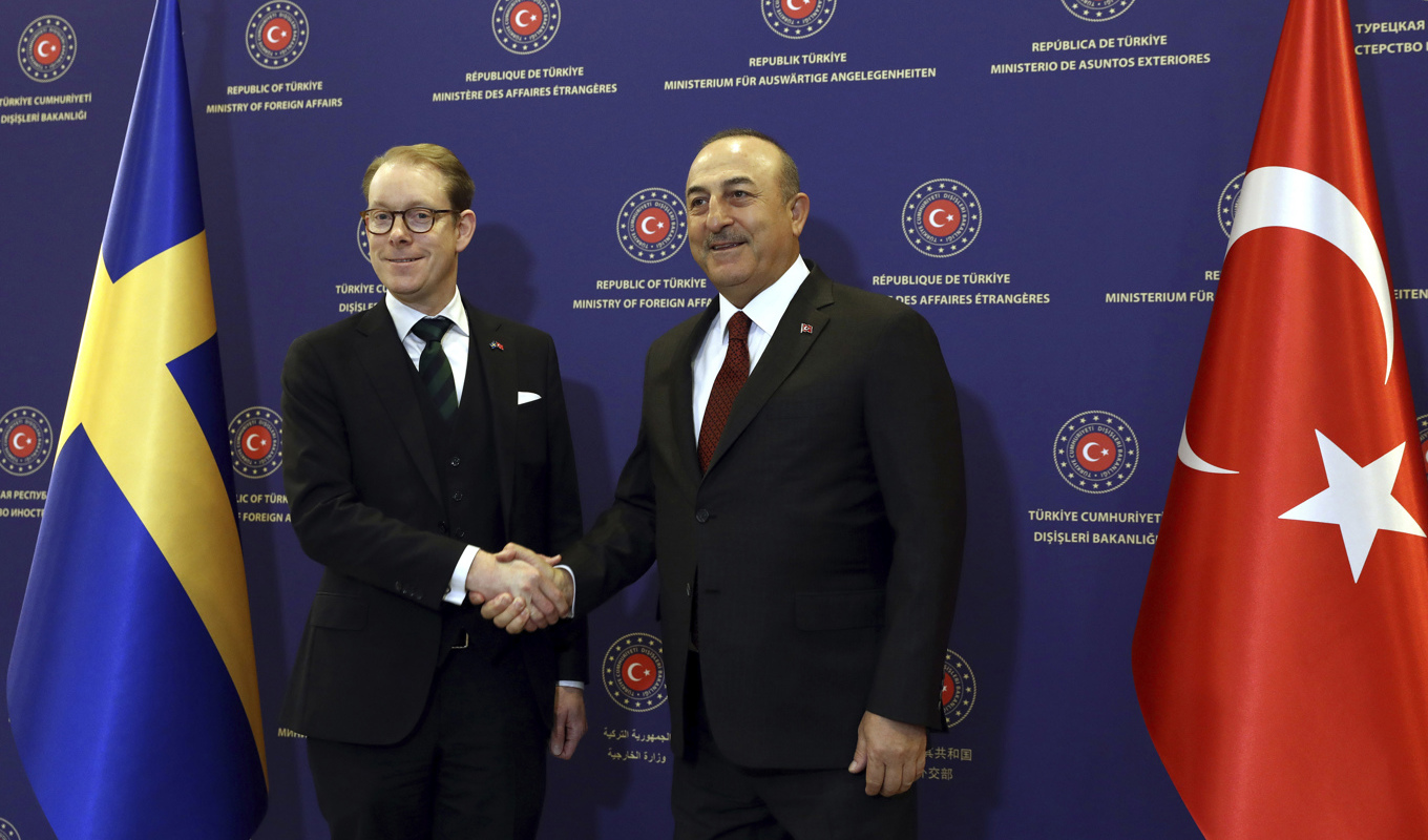 Sveriges utrikesminister Tobias Billström tillsammans med sin turkiske kollega Mevlüt Cavusoglu efter deras möte i Ankara på torsdagen. Foto: Ali Unal/AP