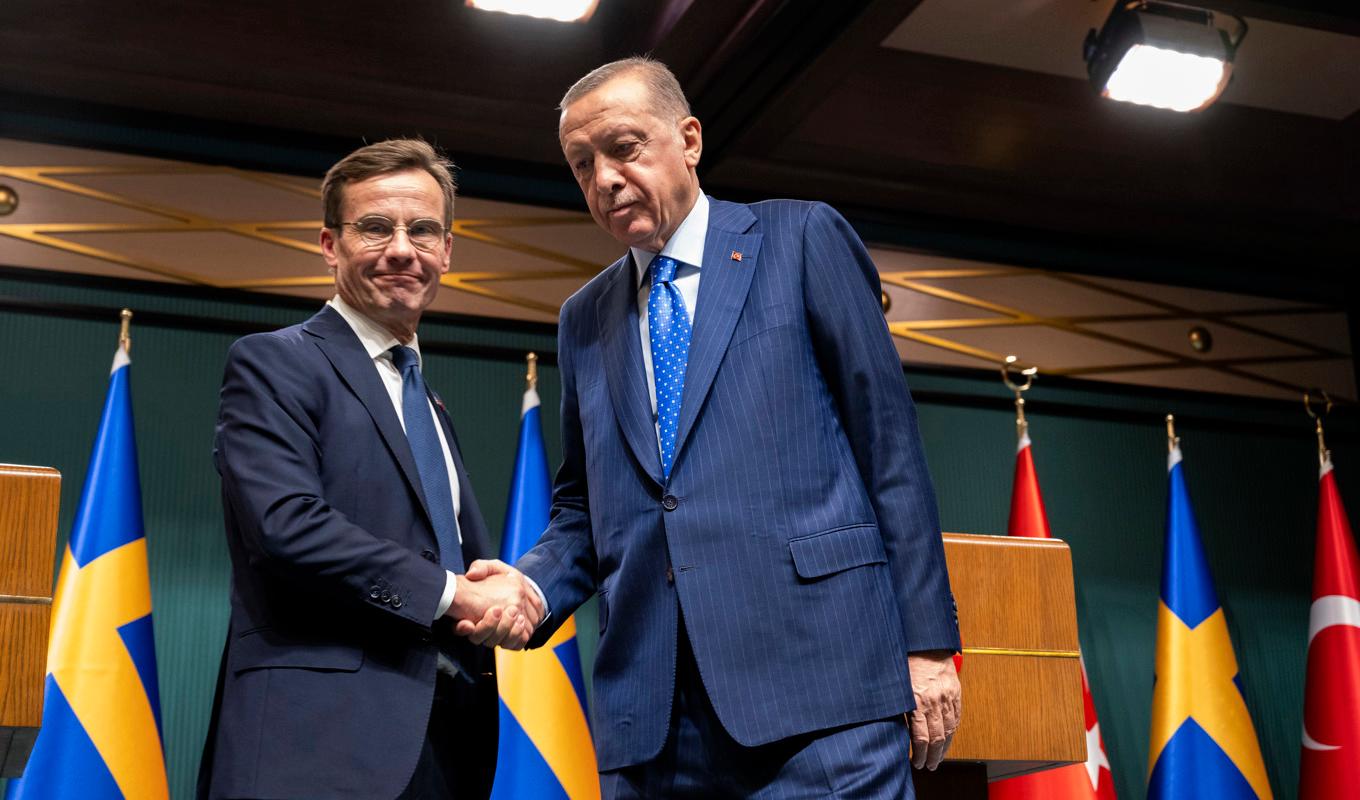 Sveriges statsminister Ulf Kristersson (M) och Turkiets president Recep Tayyip Erdogan under ett möte i Ankara i höstas. Foto: Henrik Montgomery/TT