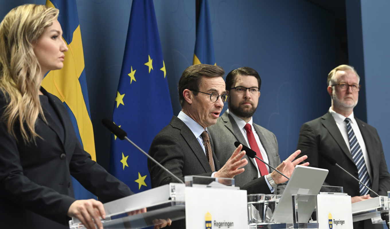 Energi- och näringsminister Ebba Busch (KD), statsminister Ulf Kristersson (M), SD-ledaren Jimmie Åkesson samt arbetsmarknads- och integrationsminister Johan Pehrson (L) vid en tidigare pressträff om förslag i Tidöavtalet. Arkivbild. Foto: Fredrik Sandberg/TT