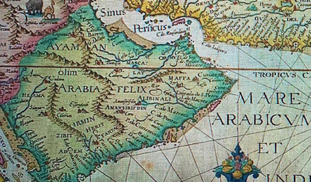 Detalj ur berömd 1500-talskarta, vilken länge var gällande, över Arabia felix. Foto: Public Domain