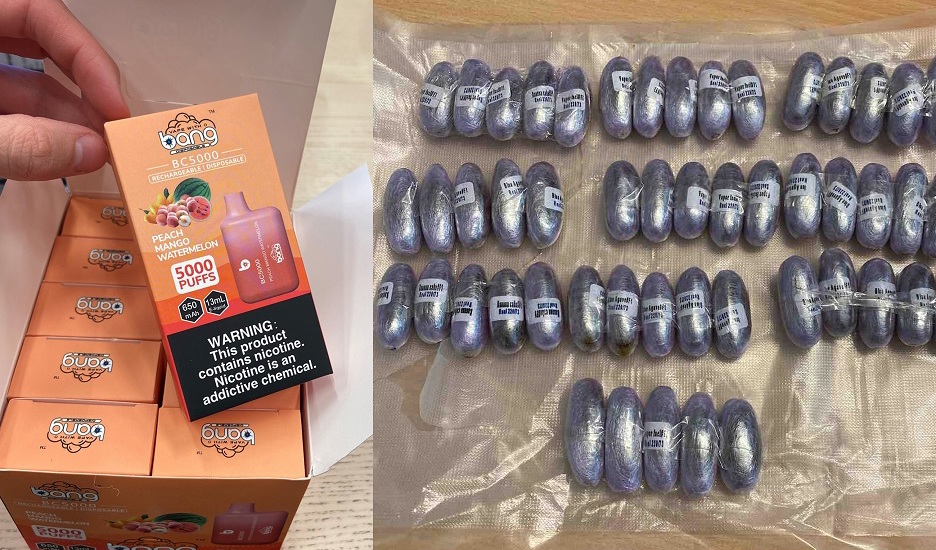 På bilden syns beslag av e-cigaretter och cannabis som Tullverket har gjort. Foto: Tullverket