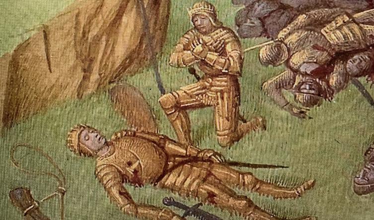 Illustration från mitten av 1400-talet som visar den stupade Roland under slaget vid Roncesvalles år 778. Foto: Public Domain