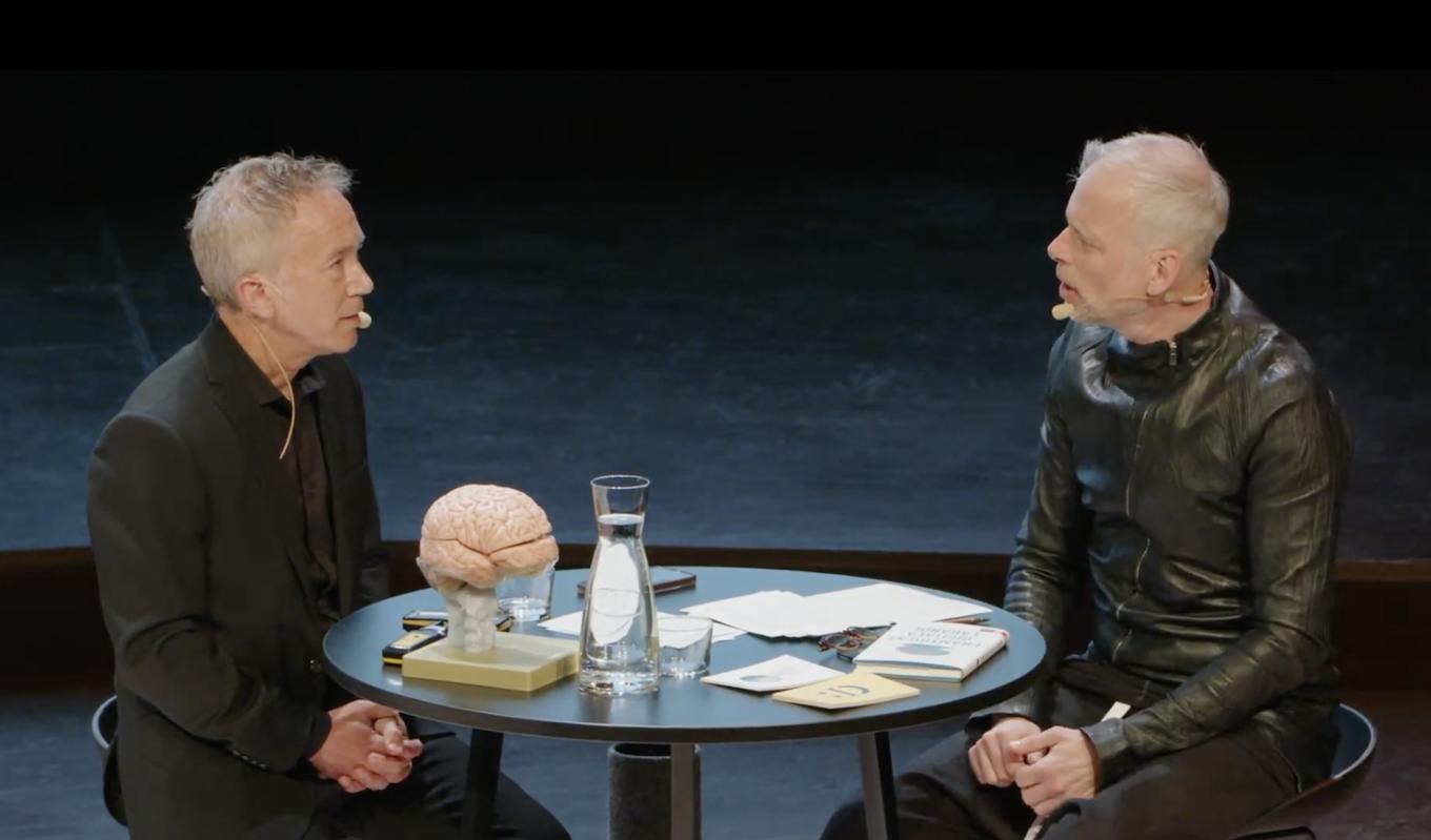 På seminariet deltog några av Sveriges främsta forskare. Moderatorn Fredrik Berling diskuterar barnhjärnan med Torkel Klingberg, professor i kognitiv neurovetenskap. Foto: Skärmdump Barnhjärnans dag.