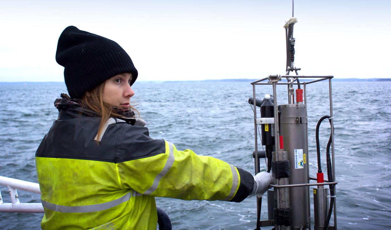 Lisa Mattson skickar ner en CTD-sond, som bland annat mäter temperatur, salthalt, syrehalt och djup, till 40 meters djup, strax ovan havsbotten i Trosa skärgård. Foto: Michaela Lundell