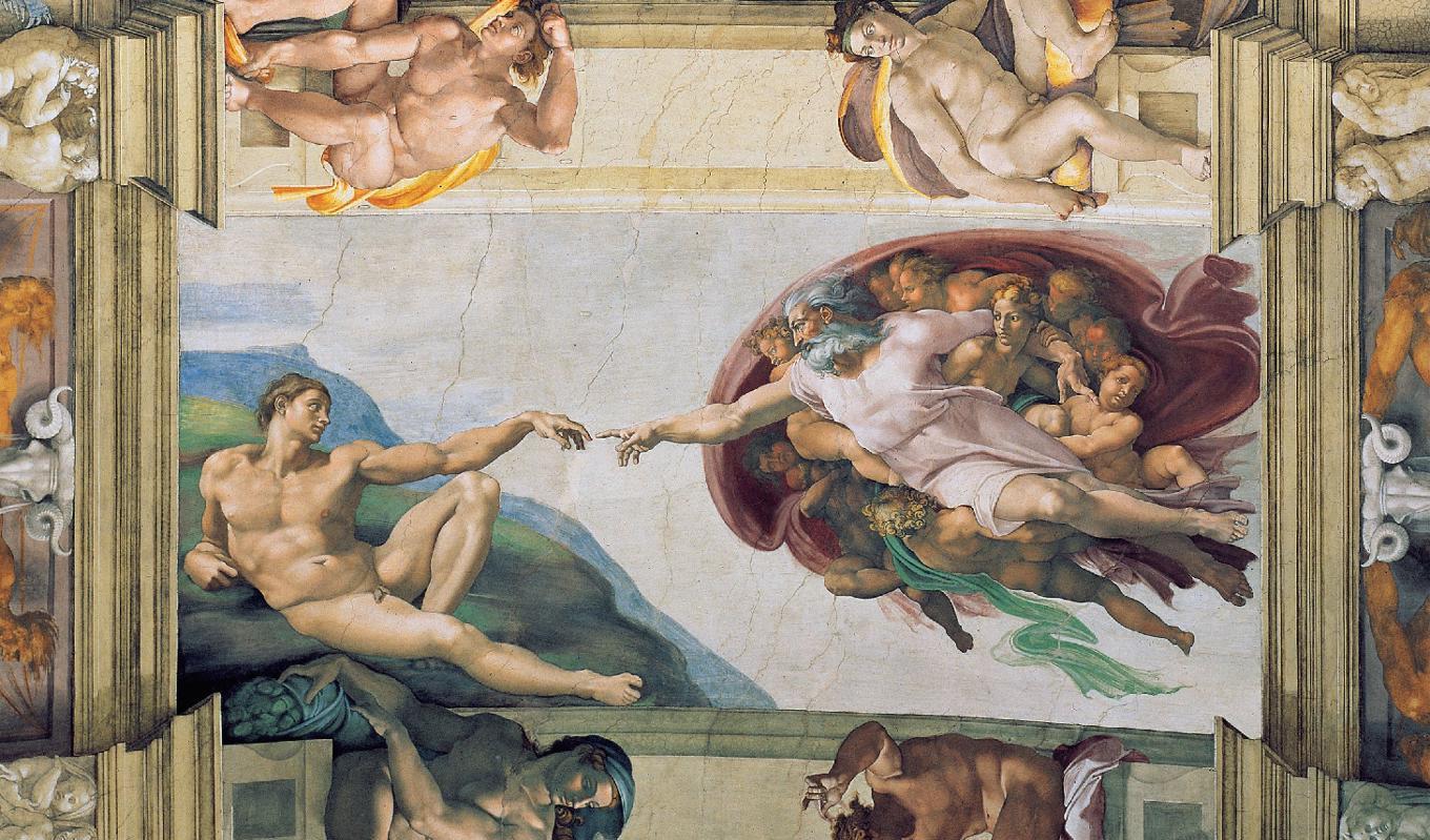 Michelangelos mästerverk i Sixtinska kapellet kan betraktas som toppen av den italienska renässansen och som en uppföljning av de tidigare, medeltida verken. ”Adams skapelse”, 1508–1512, Vatikanen. Foto: Public Domain