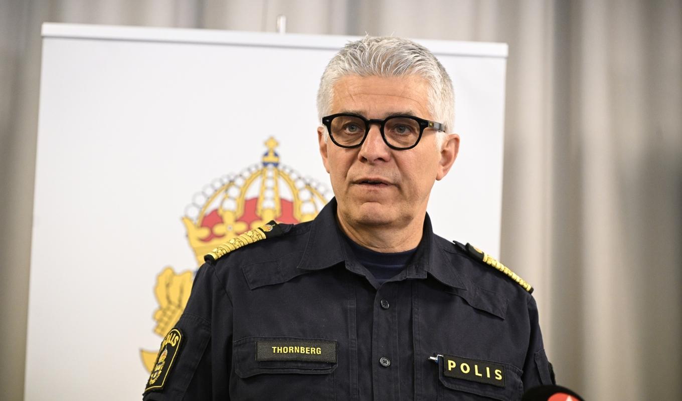 Rikspolischefen Anders Thornberg håller presskonferens på polishuset i Stockholm på fredagen. Foto: Anders Wiklund/TT