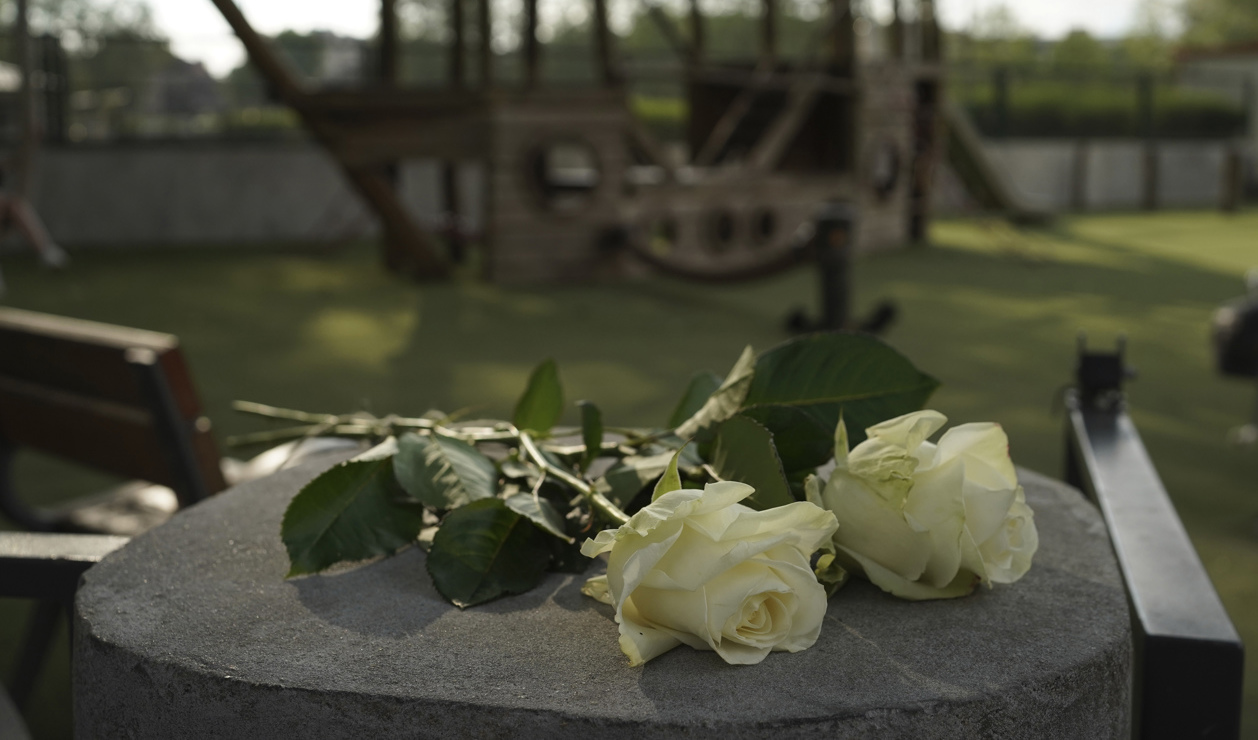Vita rosor vid den lekplats i parken Les jardins de l’Europe i Annecy där dådet ägde rum. Foto: Laurent Cipriani/AP/TT