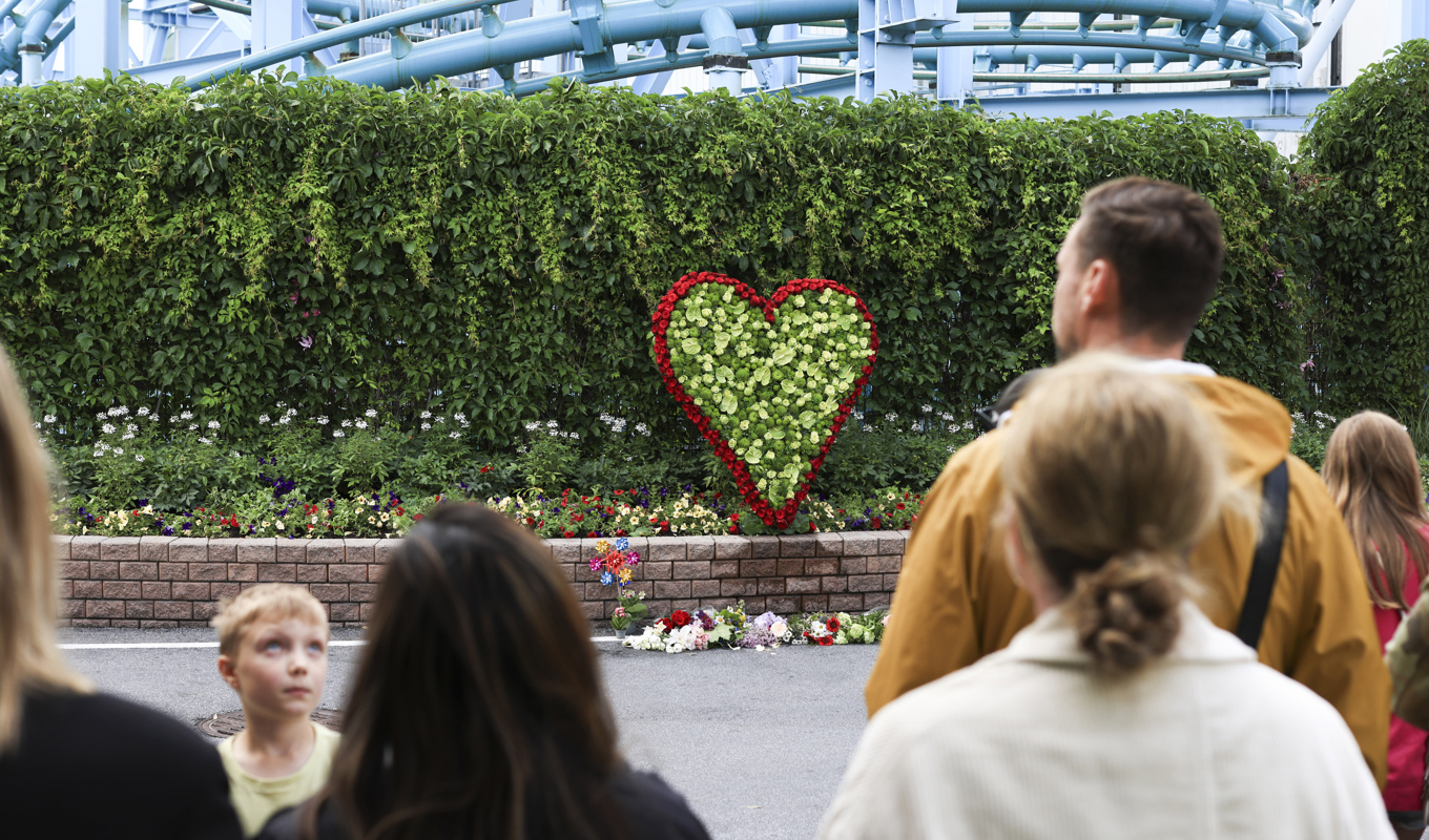 Vid den olycksdrabbade bergochdalbanan Jetline finns en minnesplats med rosor i form av ett hjärta. Foto: Ali Lorestani/TT