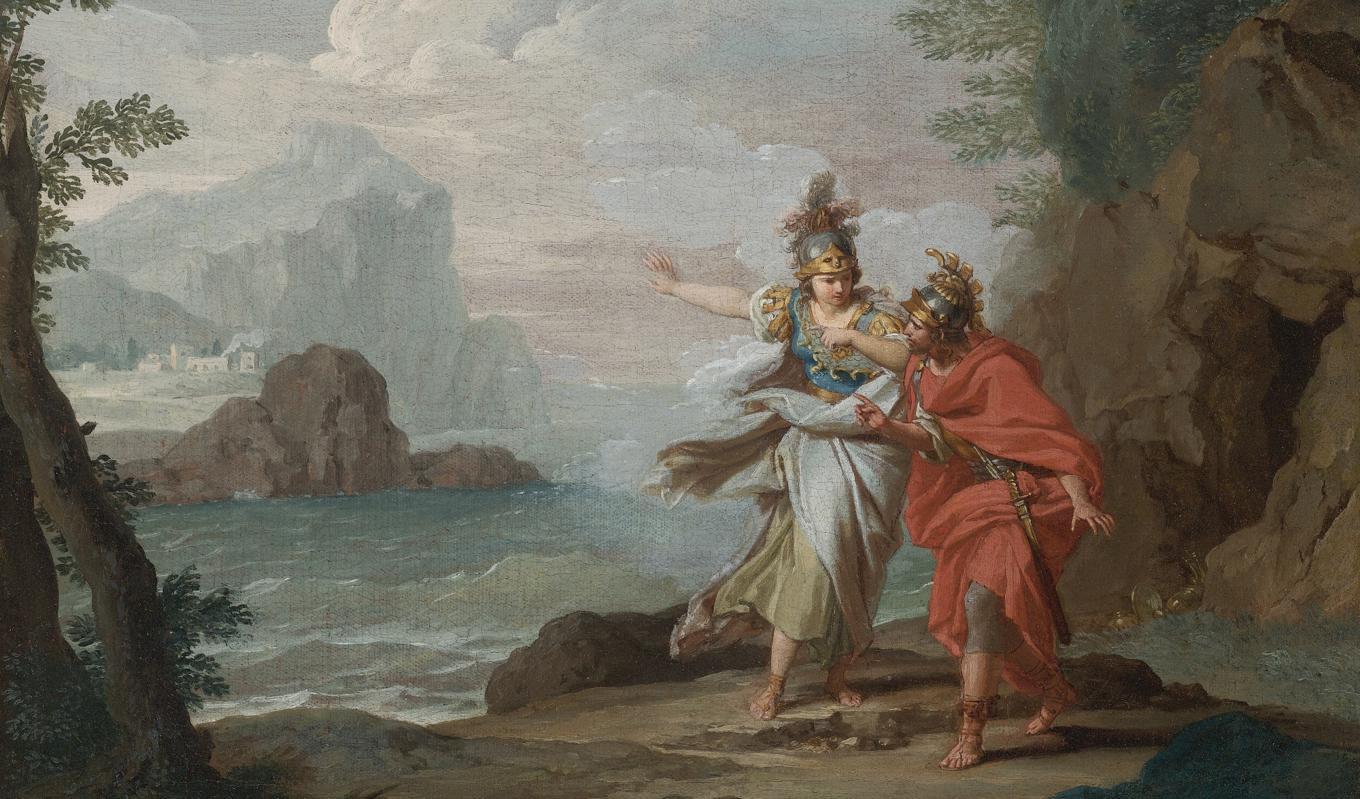”Athena visar sig för Odysseus och avslöjar ön Ithaka.” Oljemålning  av den italienske konstnären Giuseppe Bottani (1717–1784) (beskuren). Odysseus kommer hem efter 20 års bortavaro. Foto: Public Domain