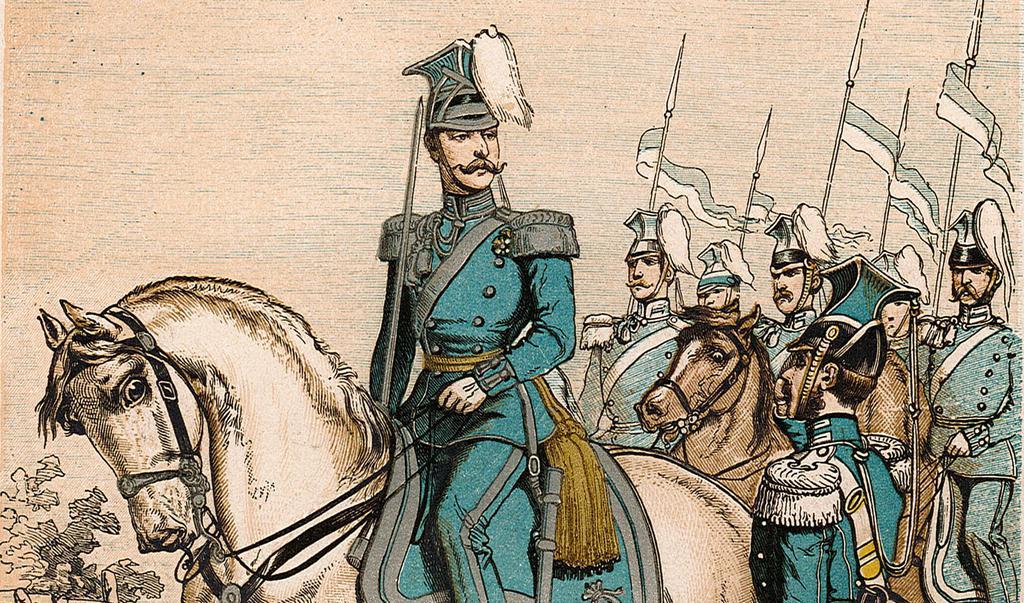 Hela världar går ibland under nästan över en natt. Svensk militär på häst i xylografiskt färgtryck från 1860-talet. Foto: Public Domain