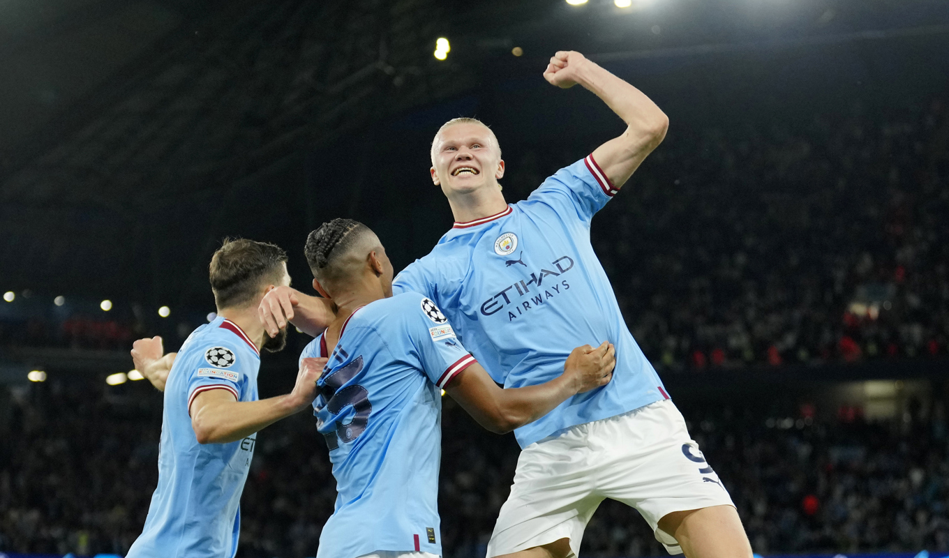 Norske superstjärnan Eling Haaland firar ett mål för Manchester City förra säsongen. Arkivbild. Foto: AP/TT