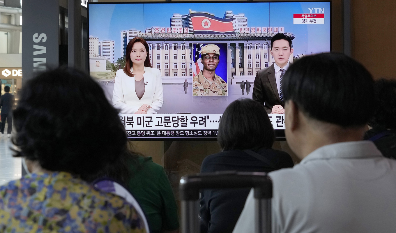 Ett sydkoreansk nyhetsinslag om den amerikanske soldaten Travis King. Arkivbild. Foto: Ahn Young-Joon/AP/TT