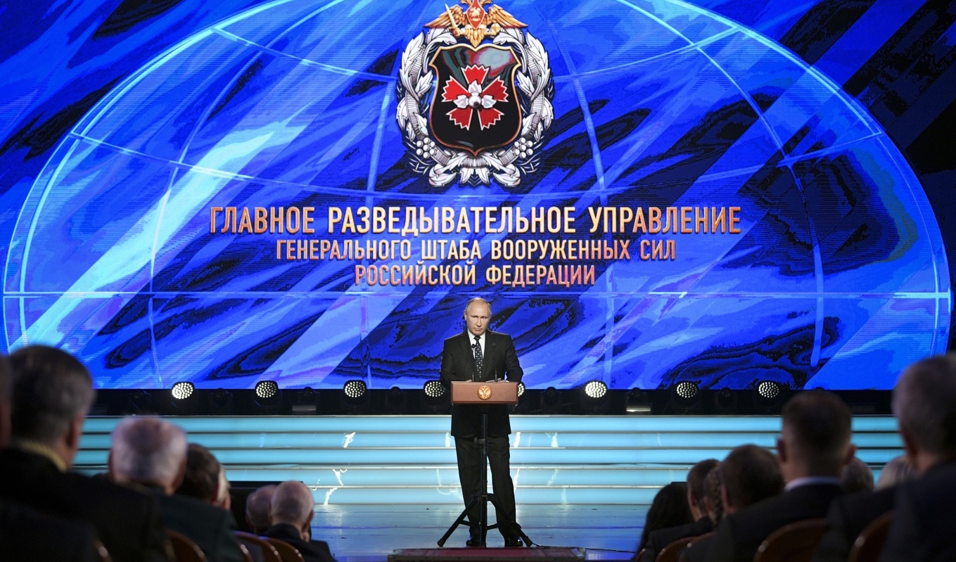 Rysslands president under ett tal till den militära underrättelsetjänsten GRU 2018. Arkivbild. Foto: Alexei Druzhinin/AP/TT