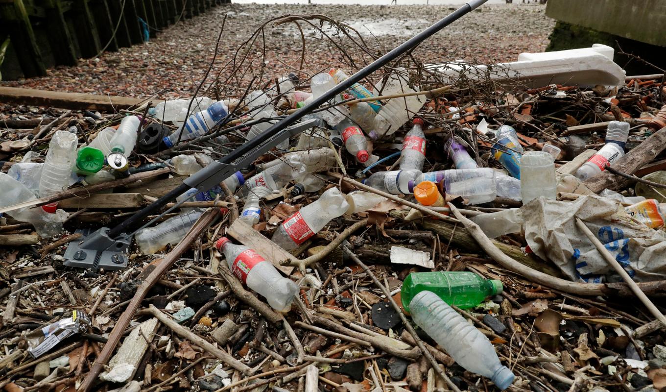 Plastflaskor uppspolade på en sandbank i London. Arkivbild. Foto: Matt Dunham/AP/TT