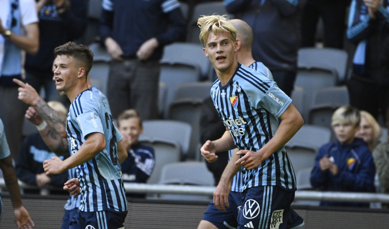 Djurgårdens Lucas Bergvall jublar efter sitt segermål. Foto: Anders Wiklund/TT