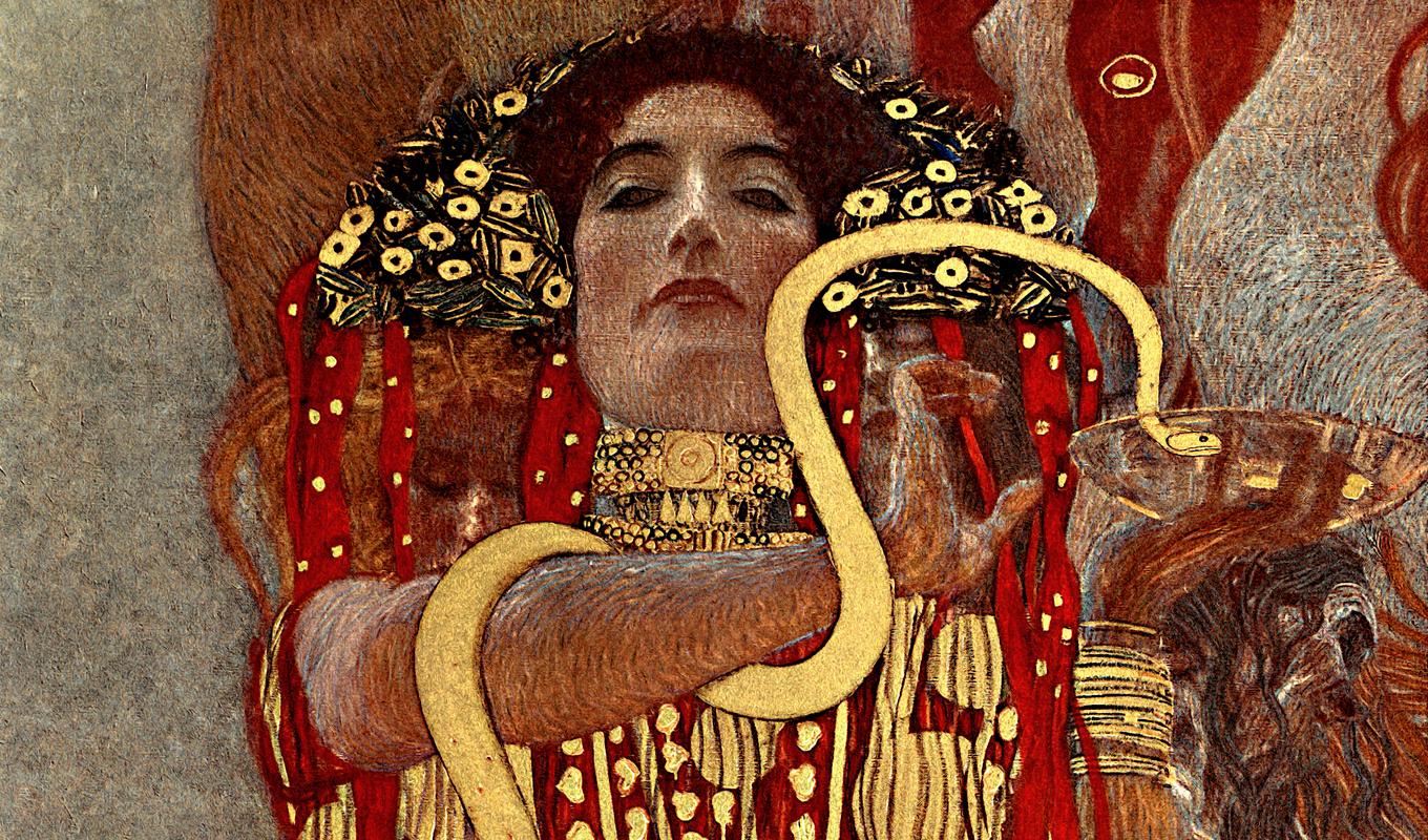 Hygieia – i den grekiska mytologin hälsans och renhetens gudinna. Ormskålen är hennes symbol. Detalj ur muralmålning av Gustav Klimt (1862–1918)