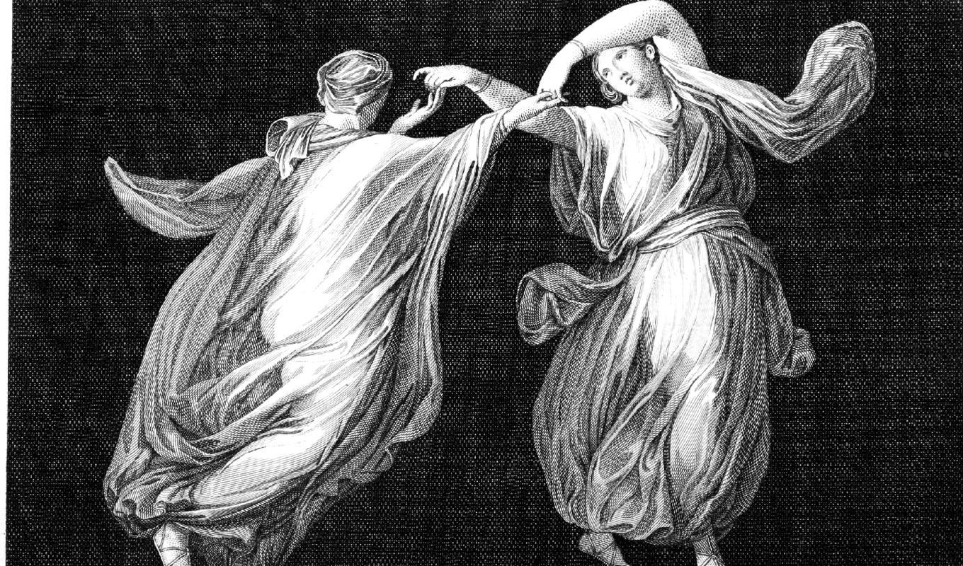 ”Två kvinnliga dansare”, gravyr av Charles Grignion (1721–1810) efter målning i Herculaneum. Public Domain