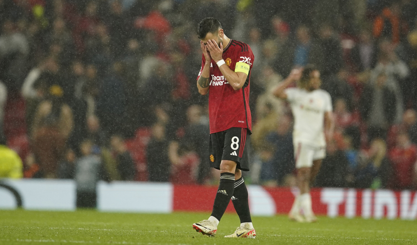 Manchester Uniteds Bruno Fernandes symboliserade känslan i det engelska storlaget under tisdagens Champions League-match mot Galatasaray. Foto: Dave Thompson/AP/TT