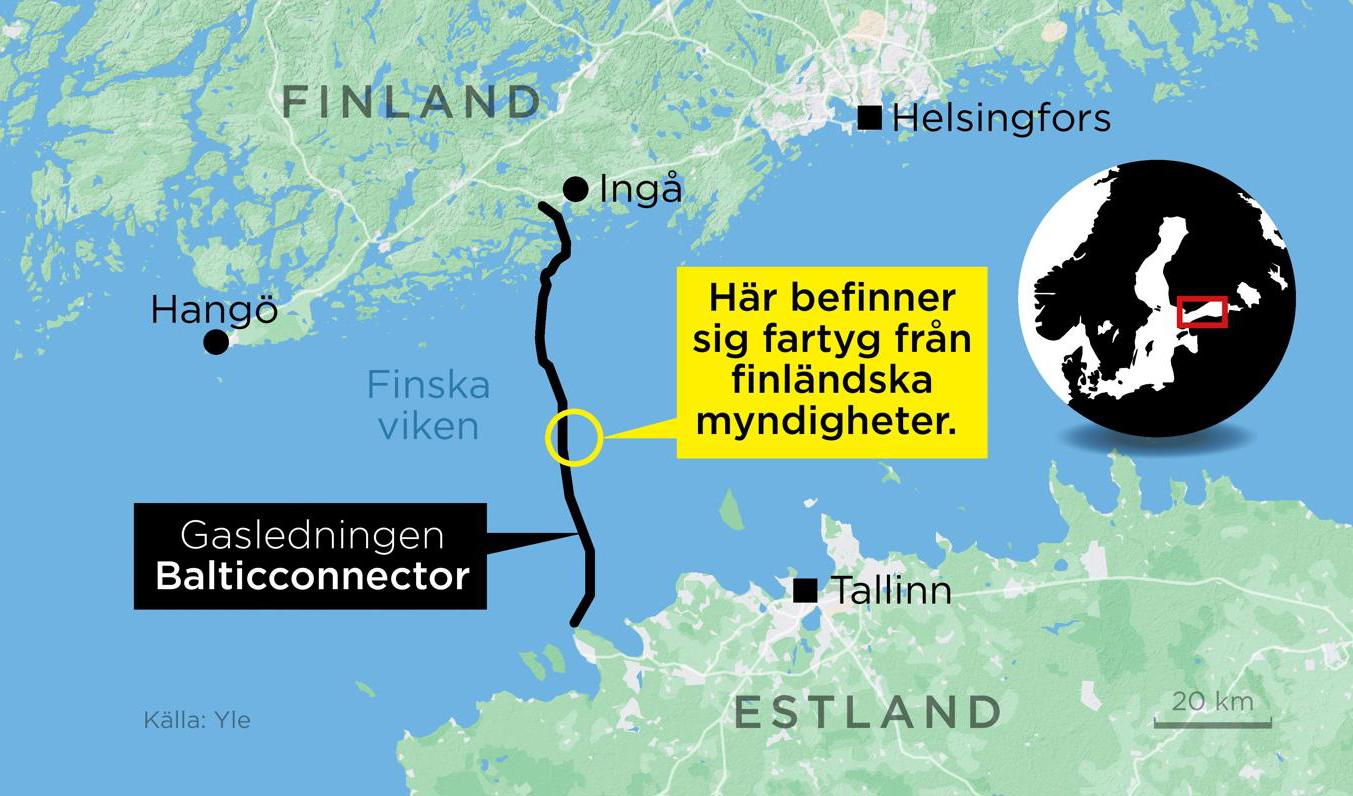 Kartan visar sträckningen längs botten av Finska viken för gasledningen Balticconnector. Foto: Anders Humlebo/TT