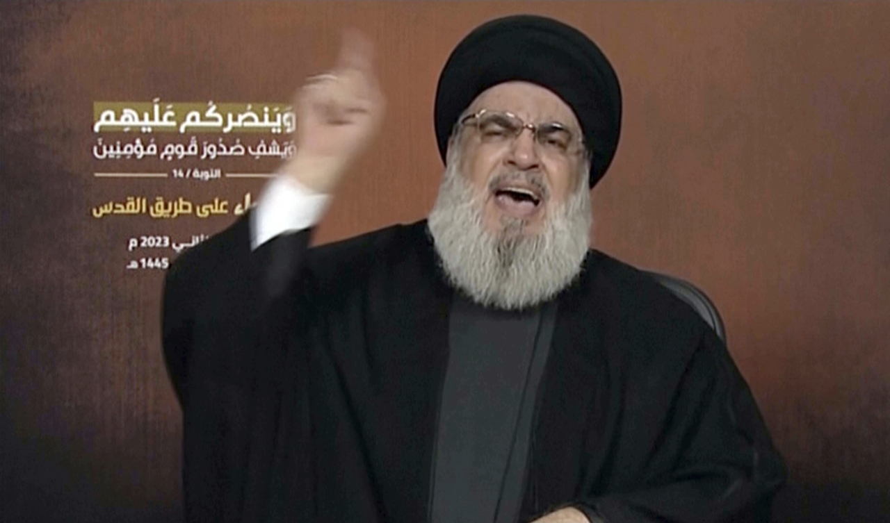 Hizbollahledaren Hassan Nasrallah höll ett linjetal om Hamas krig mot Israel. Foto: AP/TT