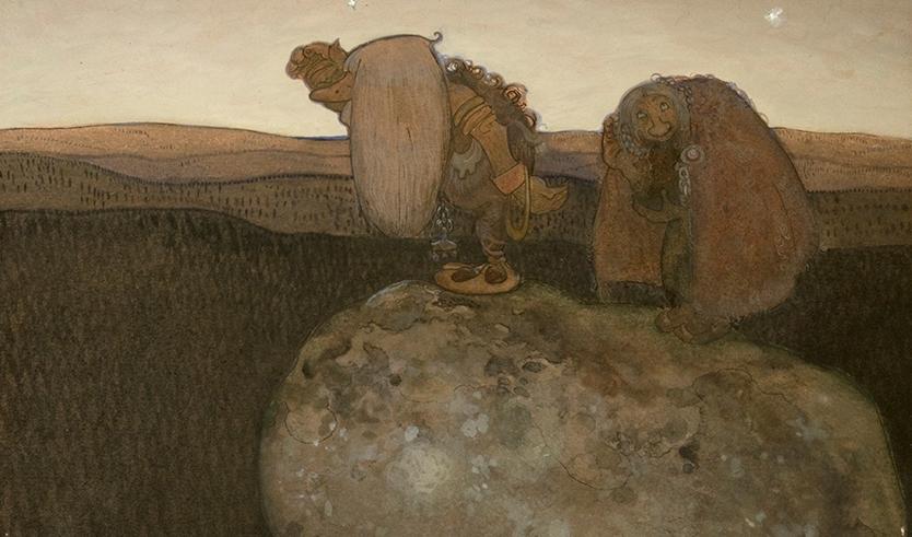Folktrons troll har gestaltats av flera konstnärer. I John Bauers målning Trollen i Domberget blickar två troll ut över skogen. Foto: Jönköpings läns museum
