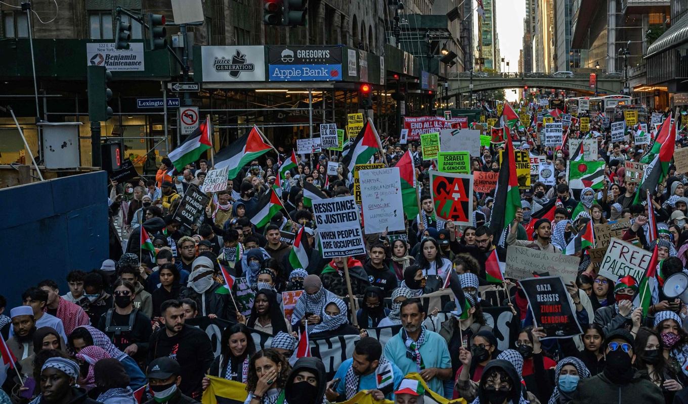 Palestinska demonstranter i New York och på flera platser i Sverige har jublat över slakten på israeler. Foto: Ed Jones/AFP via Getty Images