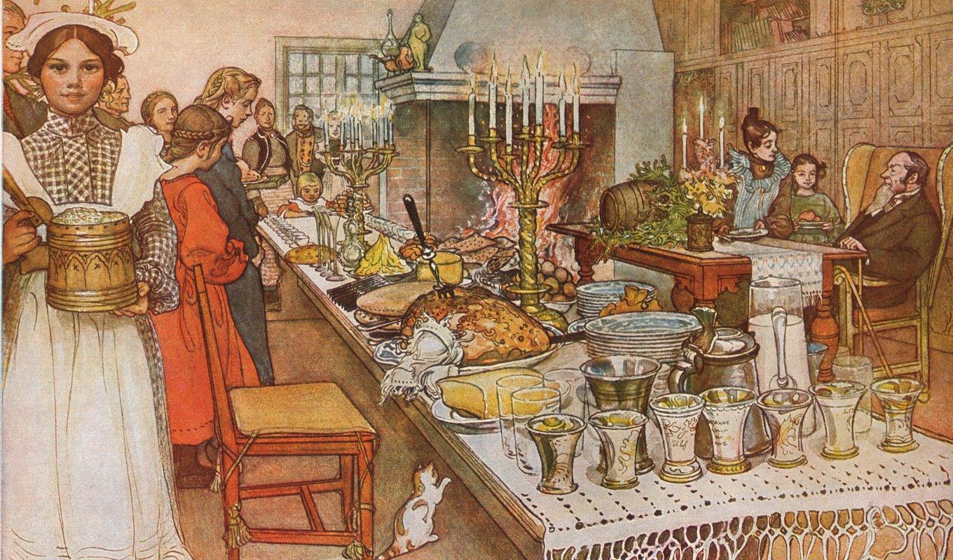 Julaftonen av Carl Larsson, 1904. Hans verk fick stort inflytande på svenska hem genom makarnas inredning som blandade svensk hantverkstradition med jugend. Foto: Public Domain