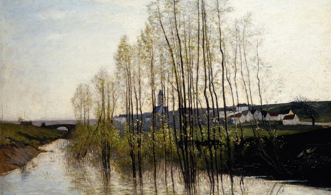 I trakterna kring Champagne målade Hill flera by- och flodlandskap som blev några av hans mest berömda verk. Här ser vi Flodlandskap II från 1876. Foto: Public Domain