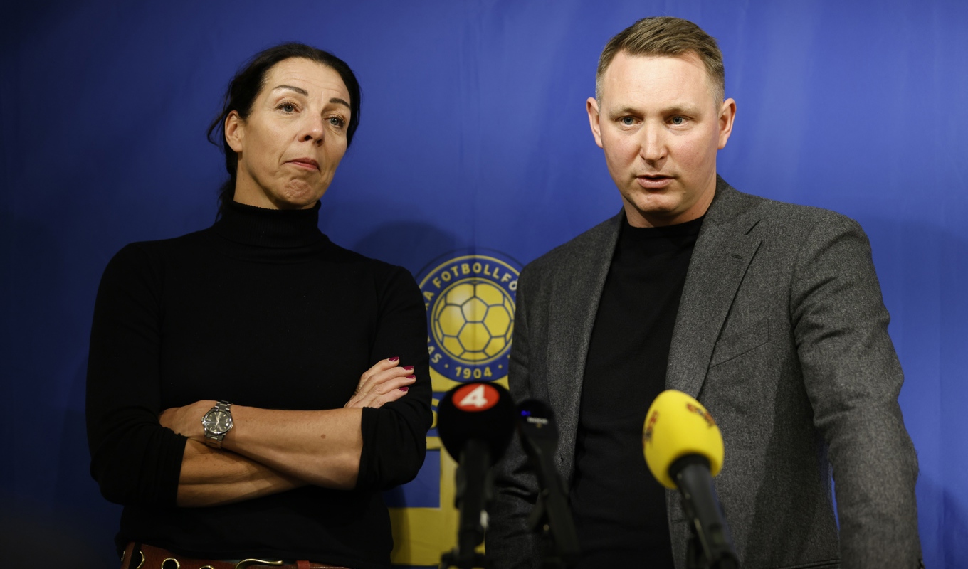 Svenska fotbollförbundets generalsekreterare Andrea Möllerberg med nye fotbollschefen Kim Källström. Arkivbild. Foto: Caisa Rasmussen/TT