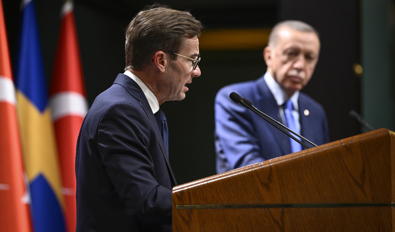 Sveriges statsminister Ulf Kristersson (M) och Turkiets president Recep Tayyip Erdogan. Arkivbild. Foto: Henrik Montgomery/TT