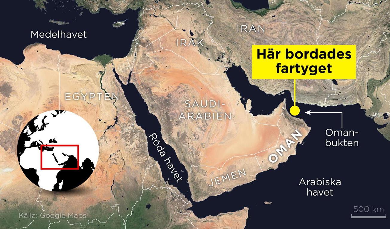 Kartan visar var ett fartyg bordades utanför Oman. Foto: Anders Humlebo