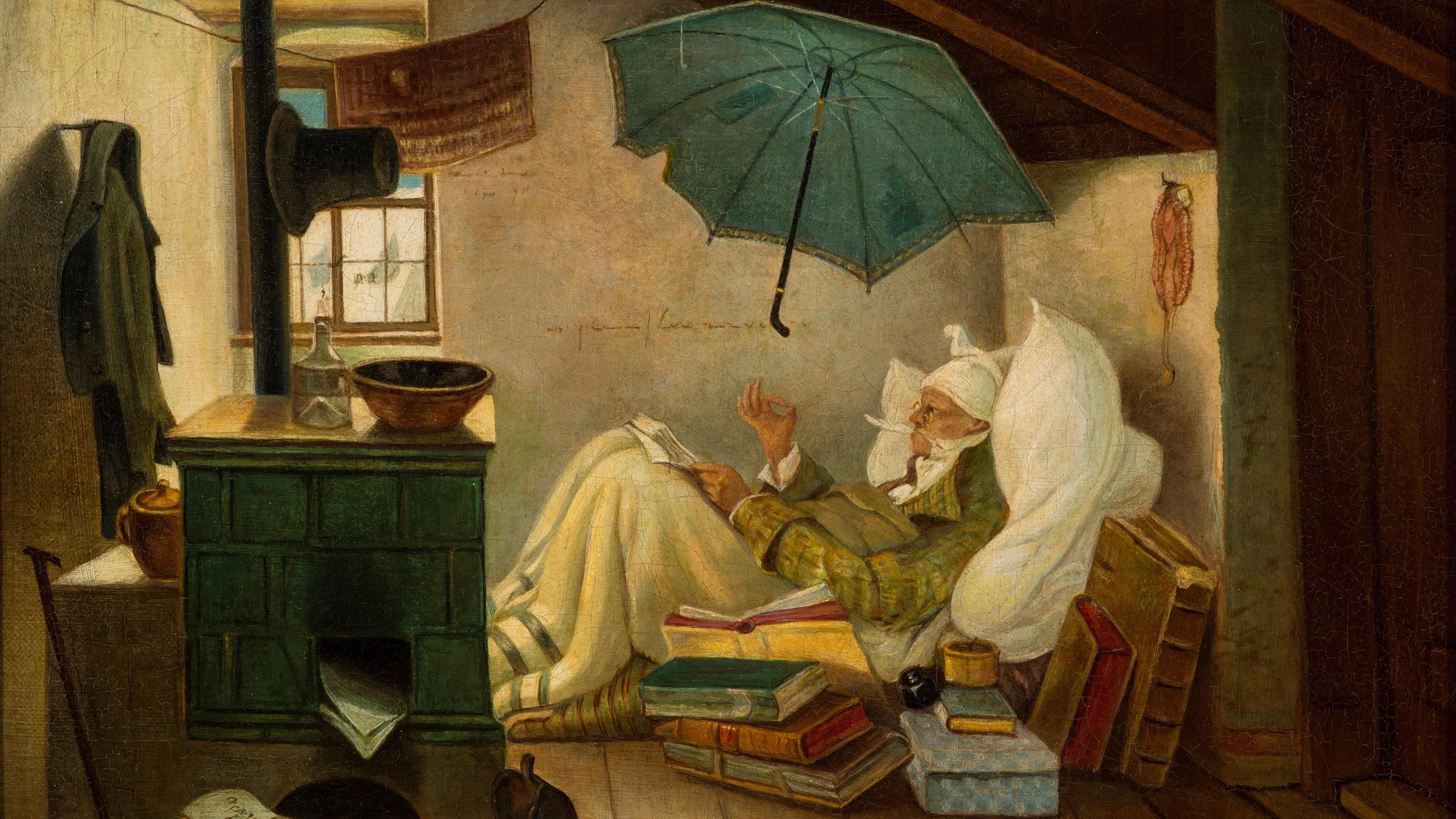 Den fattige poeten (1837). Spitzwegs stil kan kanske liknas vid en slags illustrerande realism, alternativt en realistisk fantasi. Foto: Public Domain