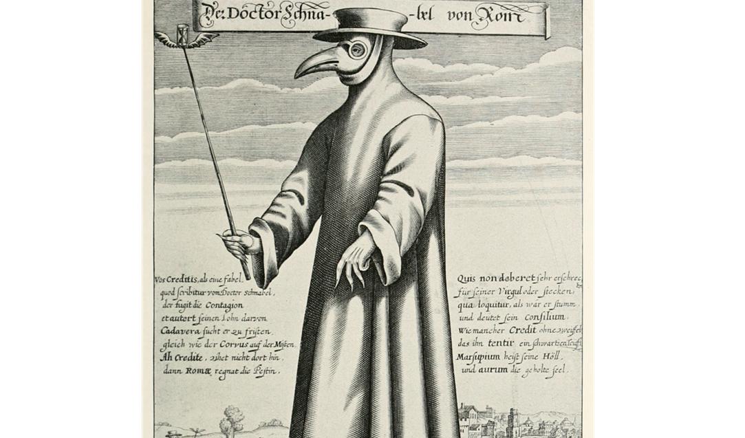 Snart kanske medeltiden råder igen och vi kan se fram emot oväntade återseenden. Koppargravyr från 1600-talet med en pestdoktor. Foto: Public Domain