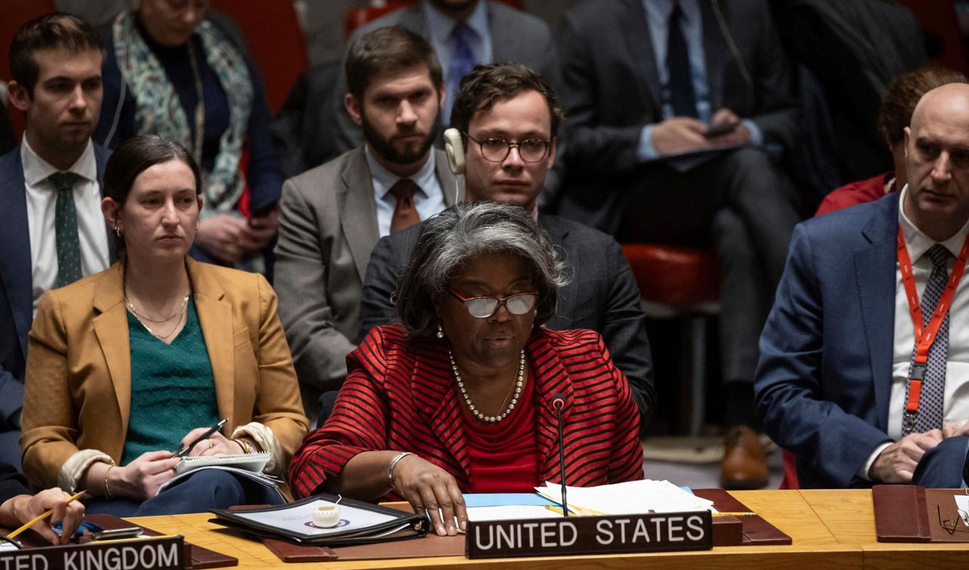 USA:s FN-ambassadör Linda Thomas-Greenfield på sammanträde för FN:s säkerhetsråd. Arkivbild. Foto: Yuki Iwamura/AP/TT
