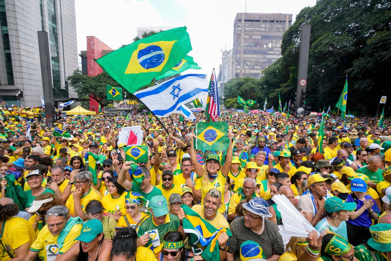 Anhängare till Brasiliens förre president Jair Bolsonaro samlades i São Paulo. Foto: Andre Penner/AP/TT