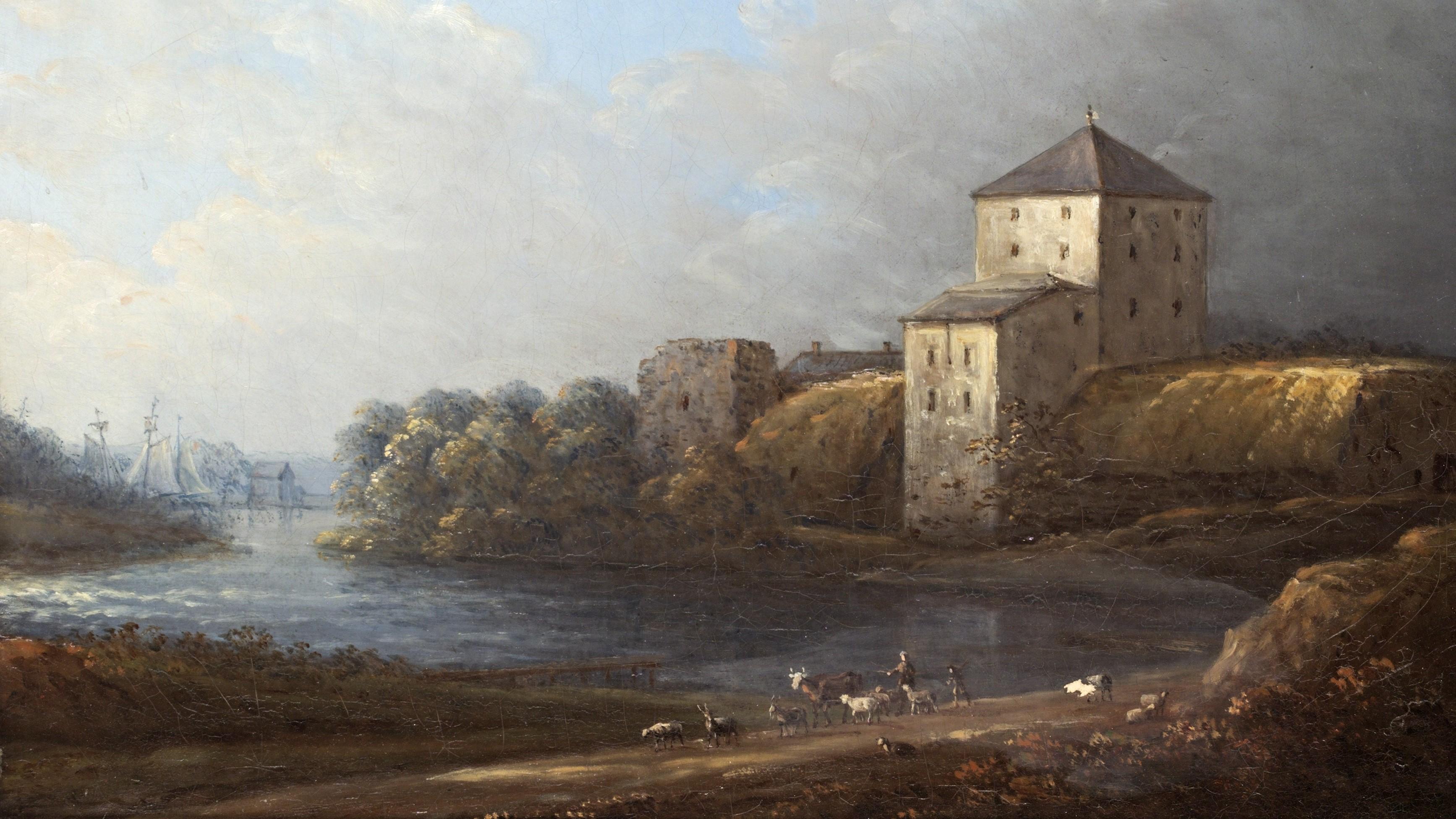 Nyköpingshus på 1840-talet, målning av Carl Johan Fahlcrantz (1774–1861). Än i dag finns fängelsetornet där hertigarna Erik och Valdemar mötte döden kvar. Foto: Public Domain