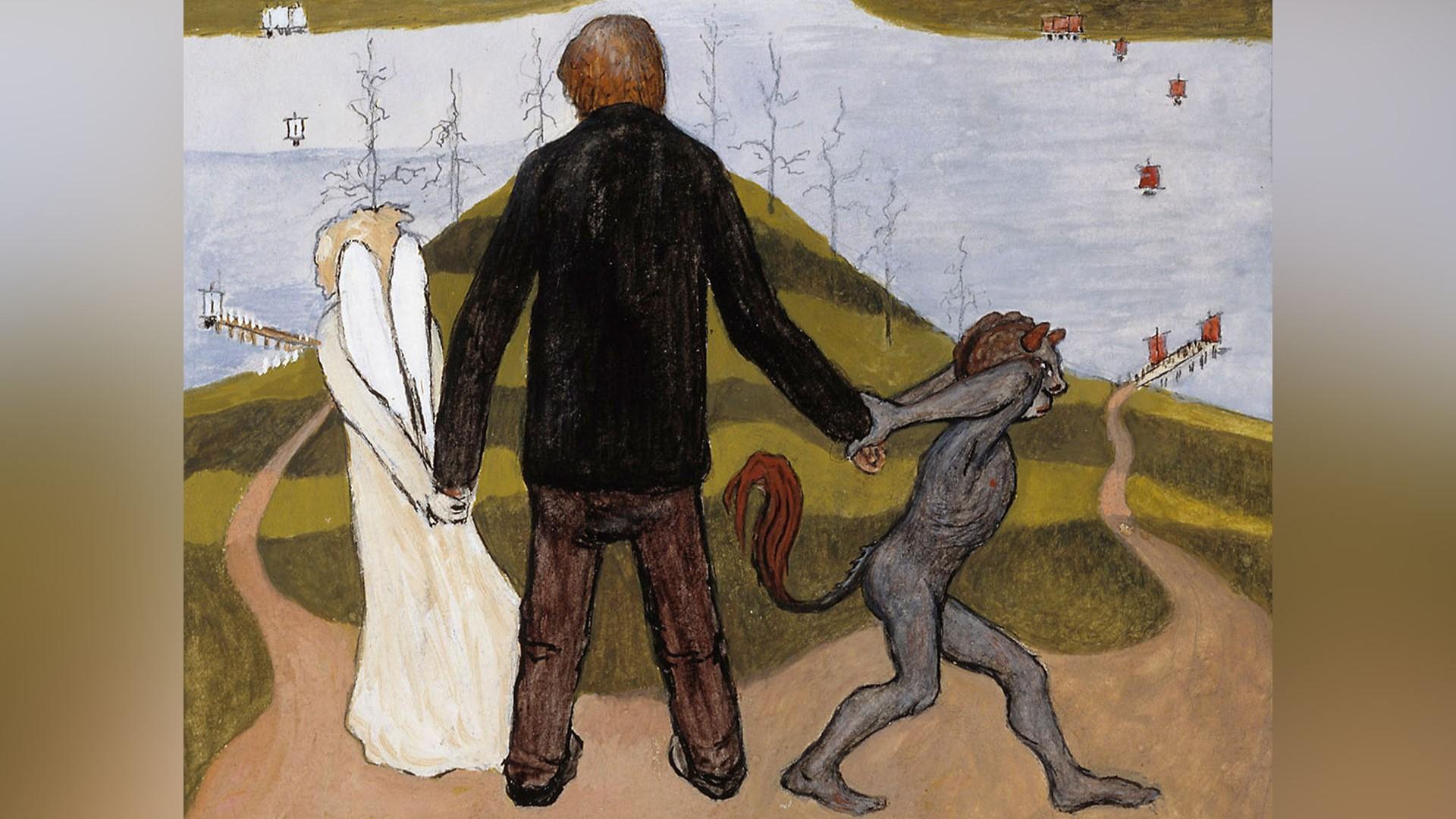 I somligt är vi utlämnade åt oss själva. Vid vägskälet, målning av Hugo Simberg (1873–1917). Foto: Public Domain
