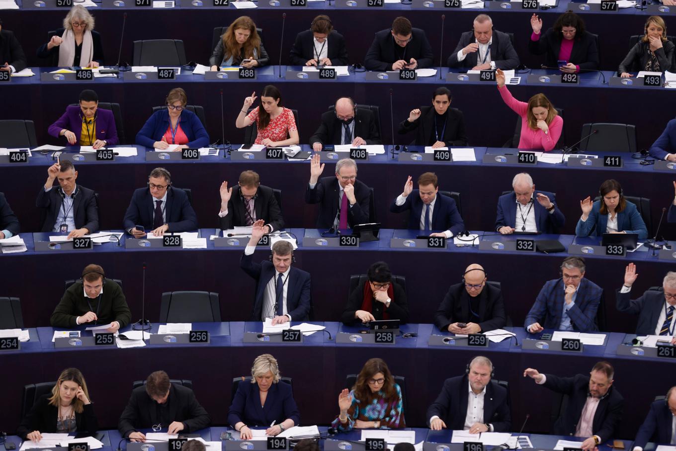 Ledamöterna i EU-parlamentet i Strasbourg vid en omröstning tidigare under veckan. Foto: Jean-Francois Badias/AP/TT