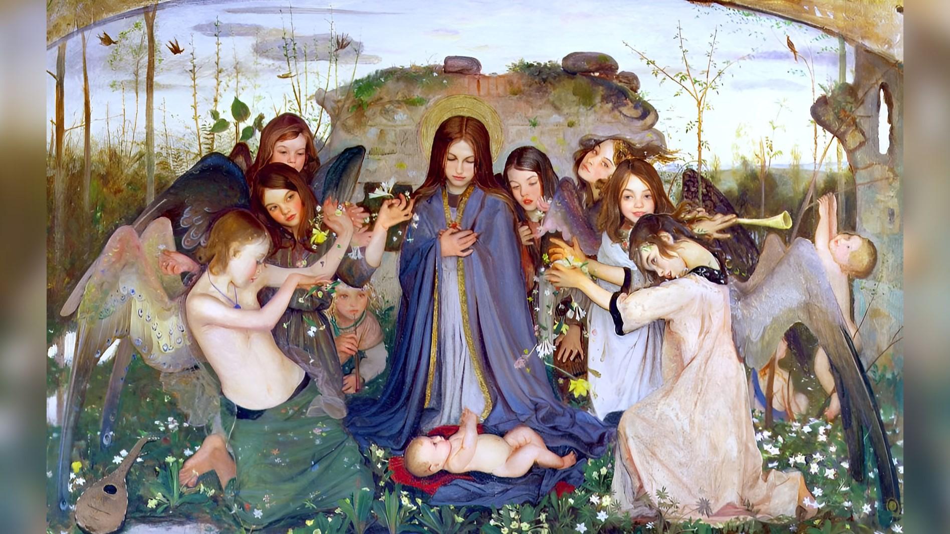 På målningar intar Jungfru Maria ofta en himmelsk roll, samtidigt som hon liksom sin son är verksam i det jordiska. Målning av Mark Lancelot Symons (1887–1935). Foto: Public Domain