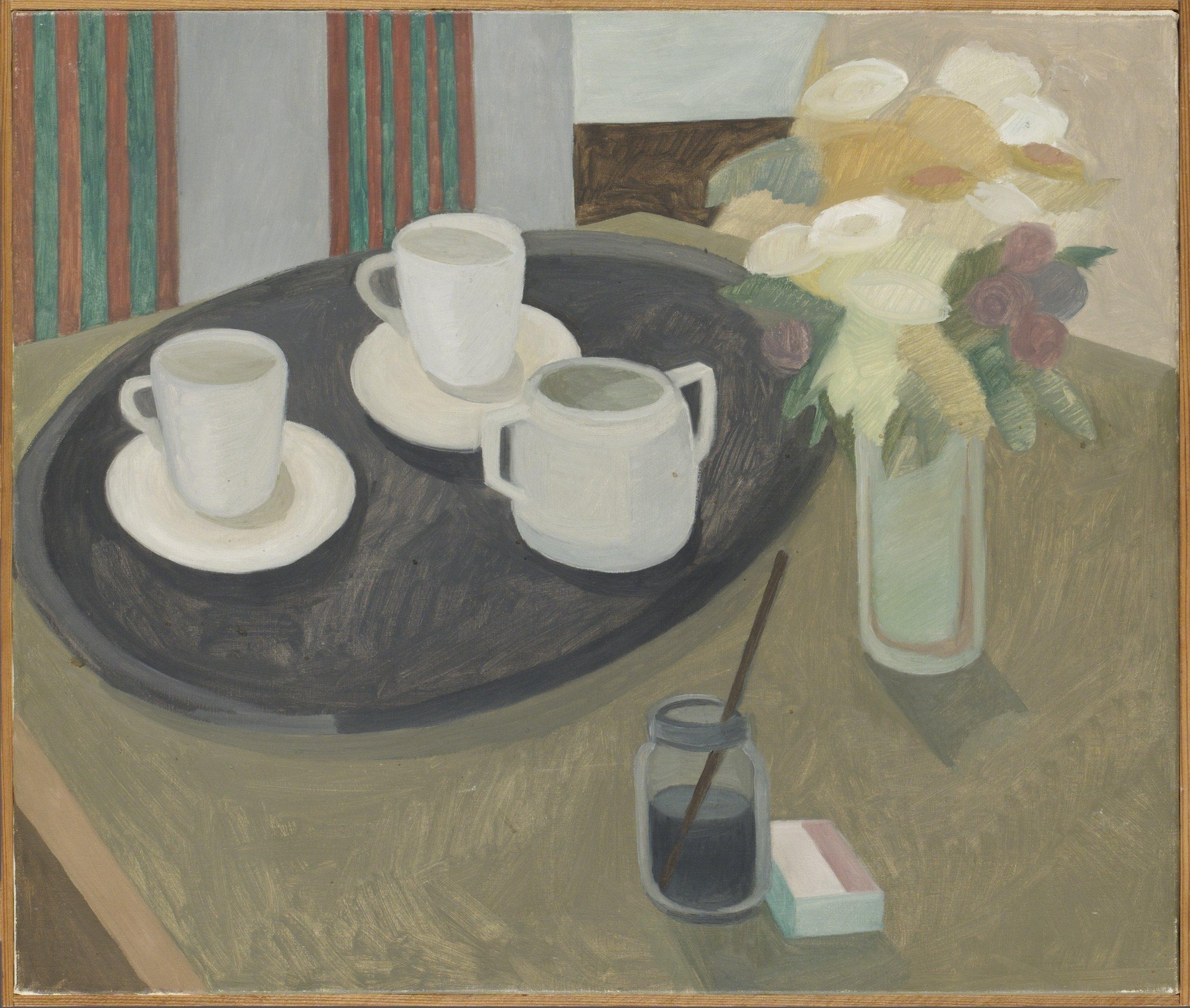 Närvaro har sina förutsättningar. En kopp kaffe i sin ensamhet eller med en närstående är mer än en kopp kaffe. Målning av Barbro Östlihn (1930–1995). Foto Bukowskis.