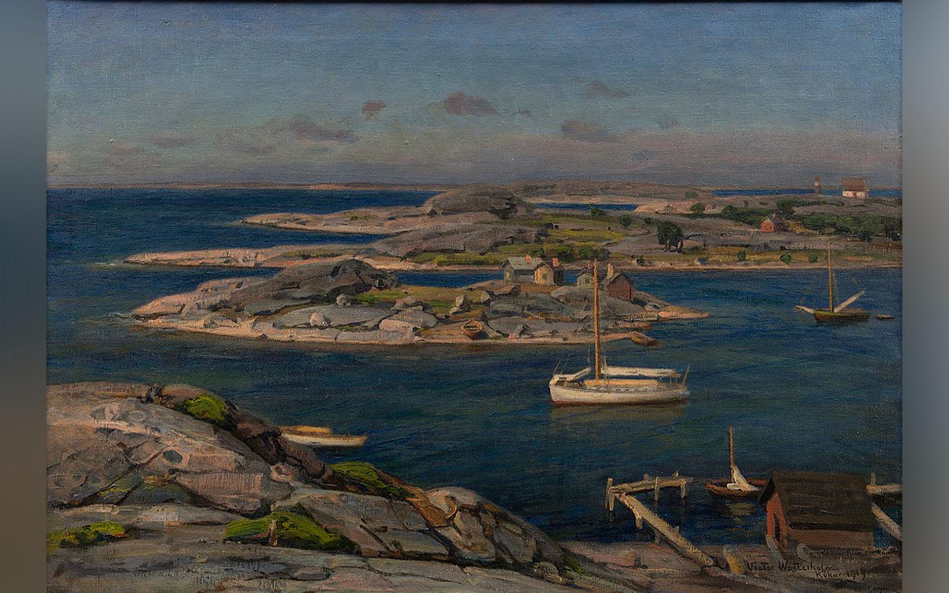 Obekväm bland sina närmaste hemma i Sverige fann den seglande friherren sin oas på en karg ö. Målning av Victor Westerholm (1860–1919). Foto: Bukowskis