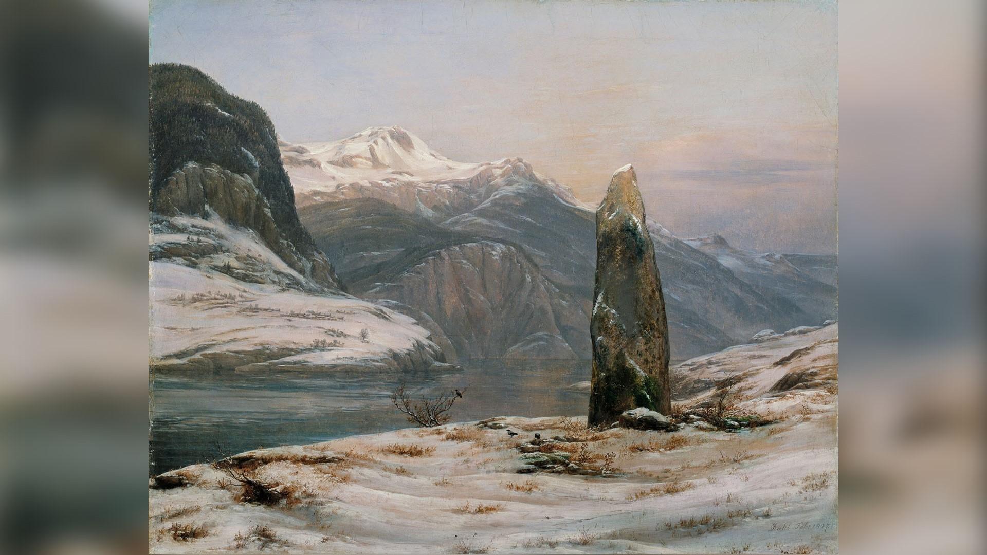 Vinter vid Sognefjorden, målning av Johan Christian Dahl (1788–1857). ”Idealiserade norska landskapsmotiv” enligt en del kritiker. Foto: Public Domain