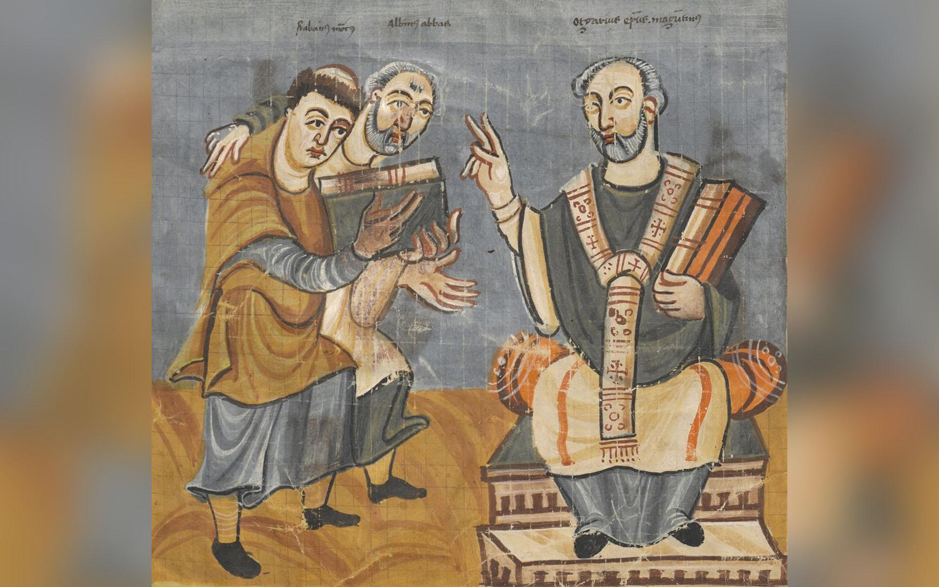 Rabanus Maurus, till vänster, anses ha skrivit texten till kyrkosången Veni Creator Spiritus. Foto: Public Domain