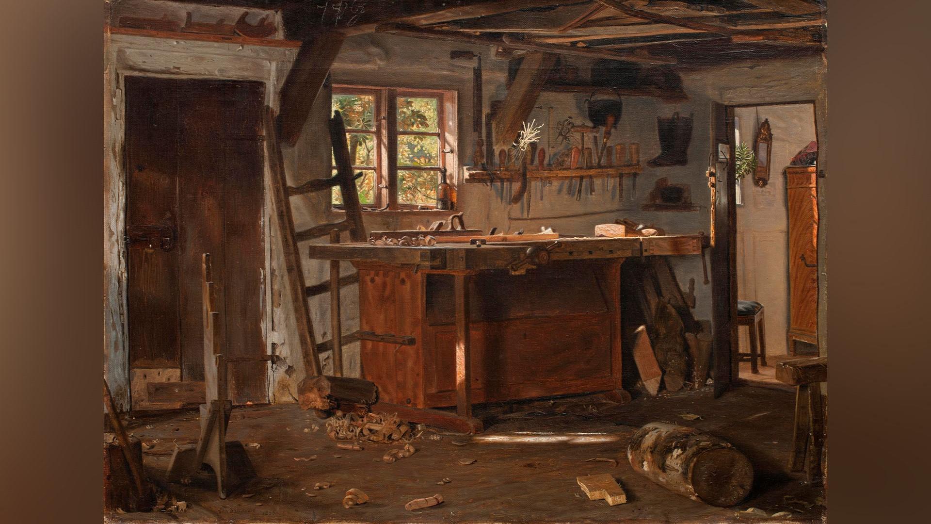 En snickares verkstad (1855), en av Christen Dalsgaards många interiörer. Foto: Public Domain