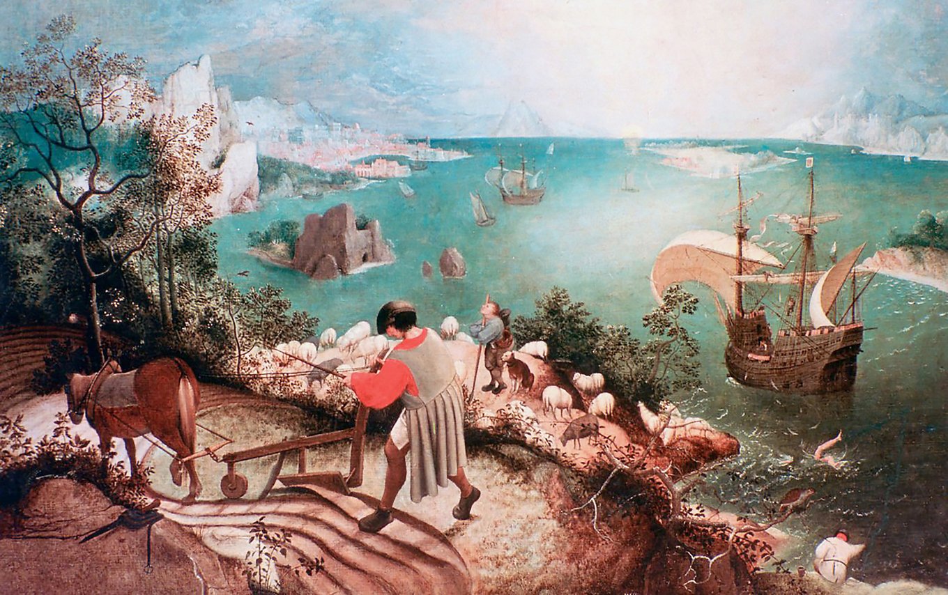 På bokens omslag finns en bild föreställande Ikaros fall av Jacob Peter Gowy. Denna tavla är målad av Pieter Bruegel den äldre. Ikaros har fallit, men världen fortskrider. Foto: Public Domain