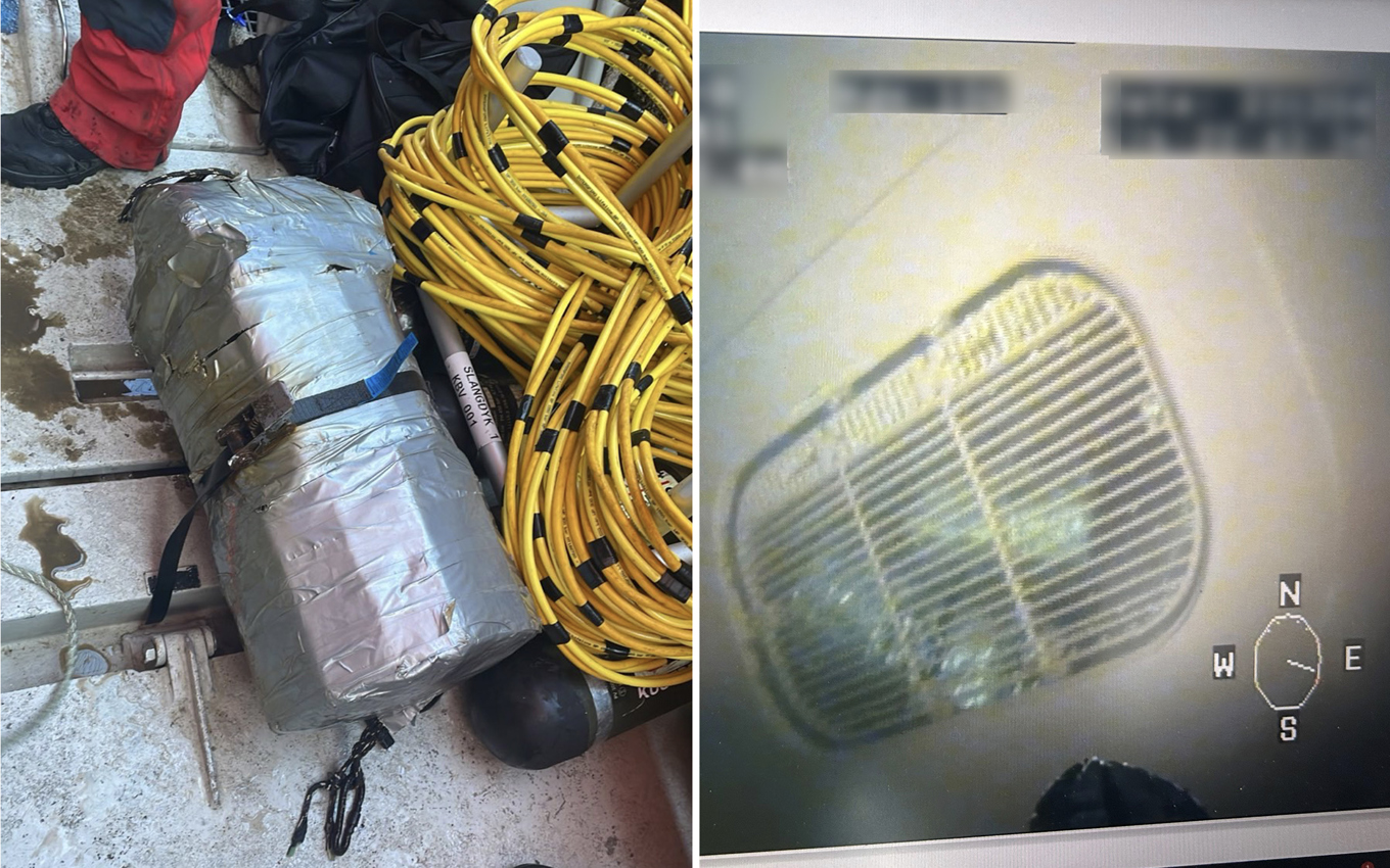 Till vänster: Kokain som hittats på skrovet på ett fartyg i Göteborg. Till höger: Bild från Kustbevakningens dykare som hittade kokain i ett utrymme i skrovet. Foto: Kustbevakningen