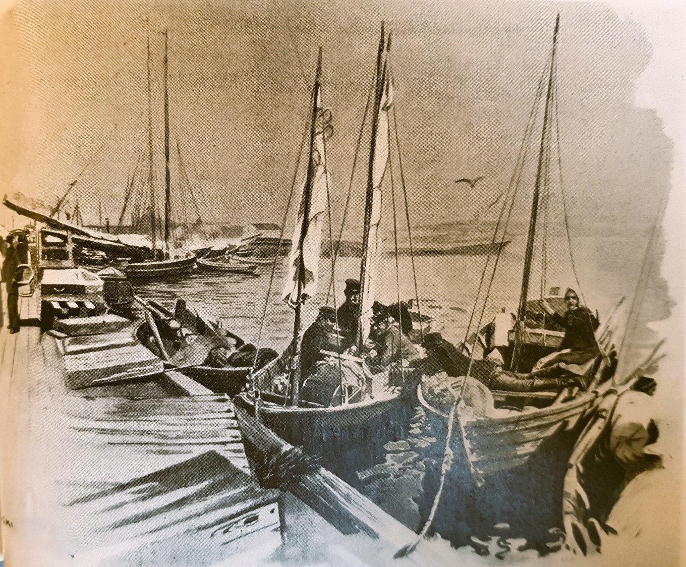 Ökor i Fiskarhamnen, Stockholm (1897). Ökan var fem till sju meter lång. Skrovet var av furu och stävarna av ek. För att ro eller segla den krävdes två eller tre personer. Byggandet var arbetsintensivt och krävde flera personer med stor hantverkskunskap. Teckning av Carl Schuberth. Foto: Public Domain