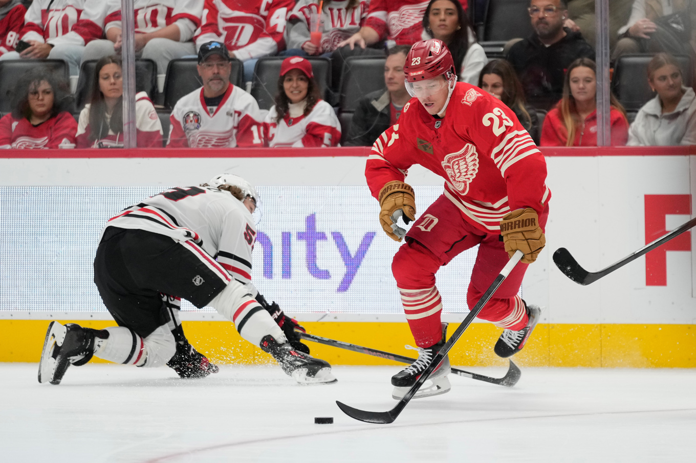 Svenskstjärnan Lucas Raymond stod för två poäng under matchen. Bild från tidigare i november. Foto: Ryan Sun/AP/TT